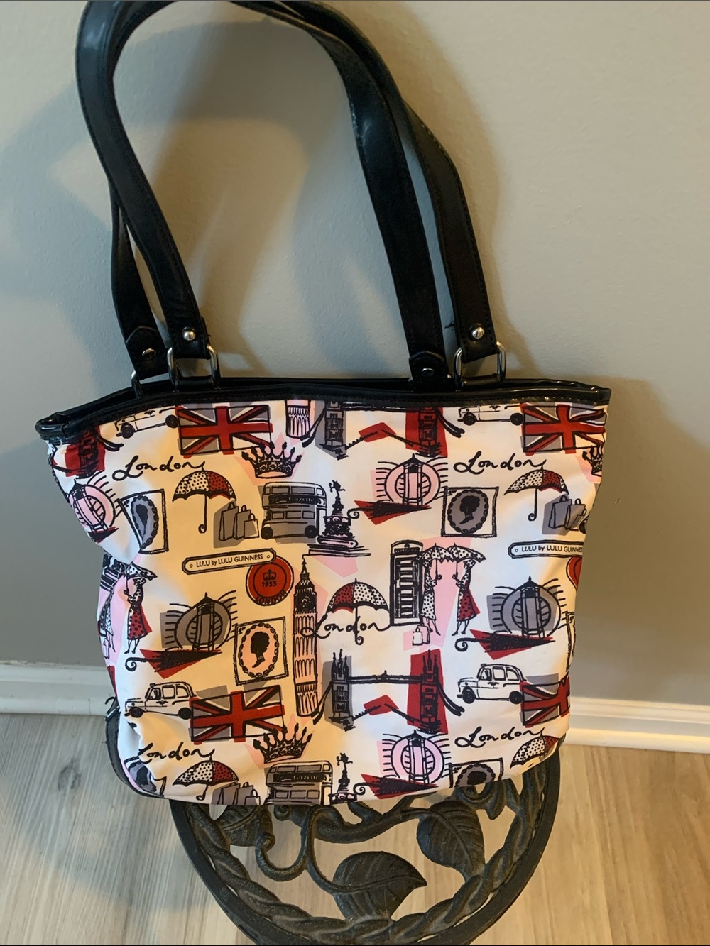 Lulu Guinness White Multicolor London Print Tote with Black Handles